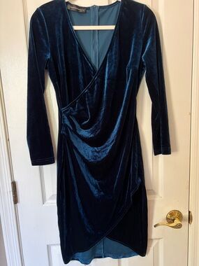 Sexy Beautiful Blue Velvet Wrap-Style Long Sleeve Dress Prom Evening Women’s M